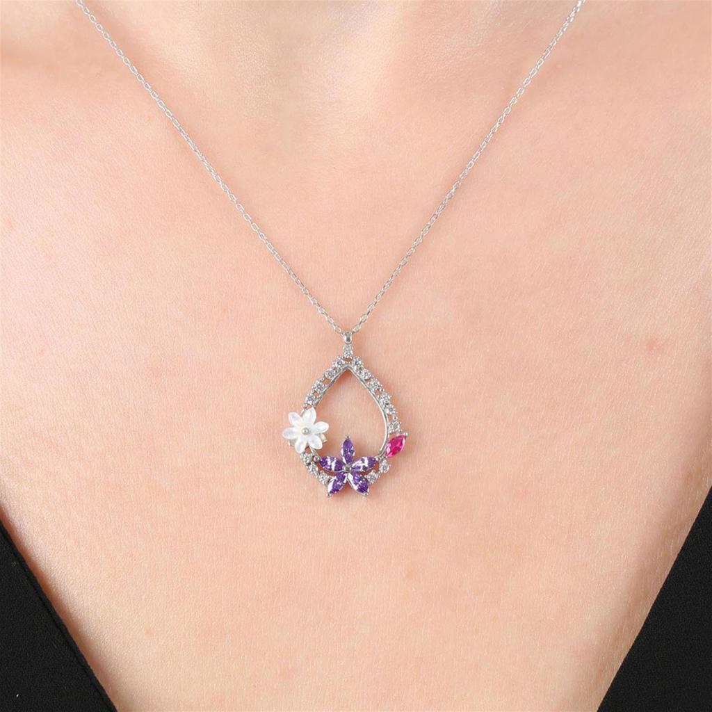 Magnolia Flower Amethyst Drop Flowers Silver Necklace