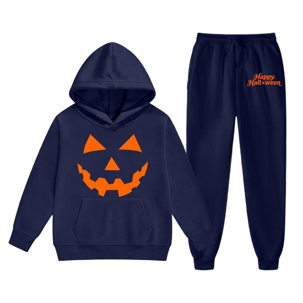 Kids Halloween Hoodie and Sweatpants Set Pumpkin Face Print Hooded Sweatshirt and Matching Bottoms Comfortable Fit for Children