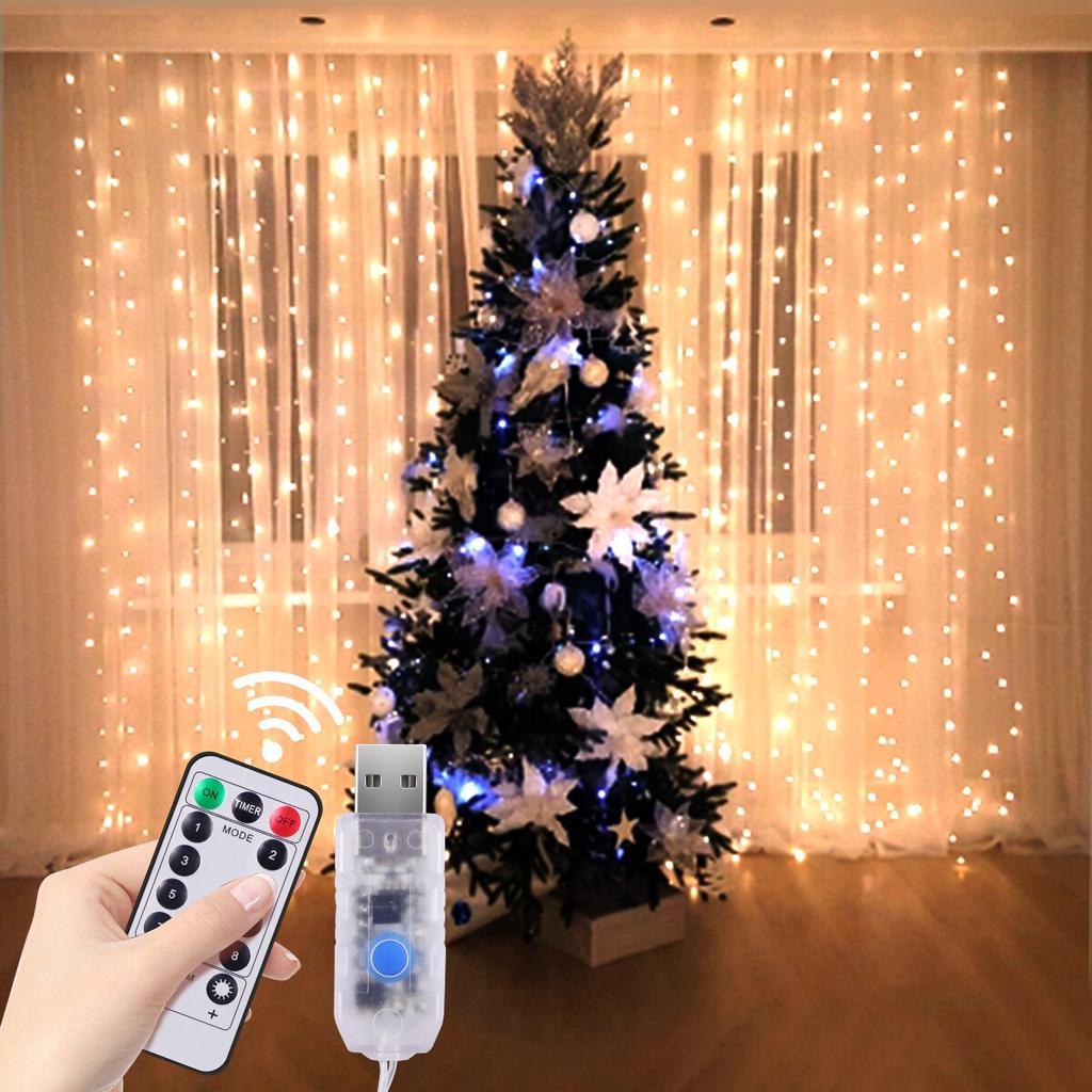 3M LED Christmas Fairy String Lights Remote Control USB New Year Garland Curtain Lamp Holiday Decoration For Home Bedroom Window