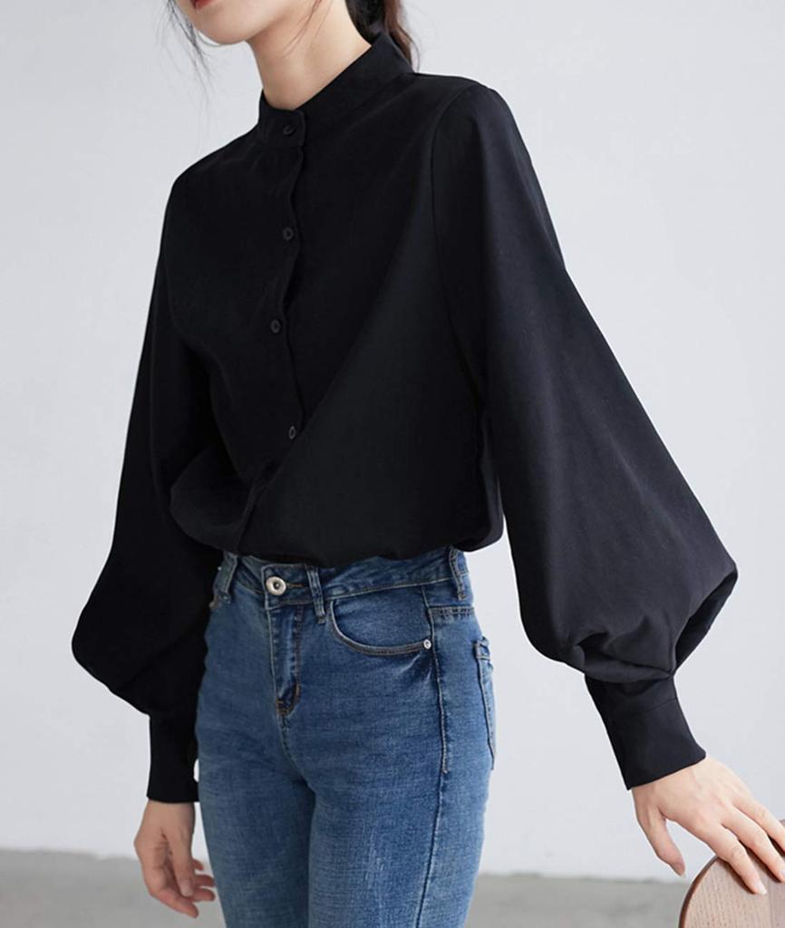 Sueeya Retro Puff Sleeve Long Loose Solid for Everyday and Formal Suitable for Women in Their and Spring and Autumn Size Women's Shirt, Sleeve,