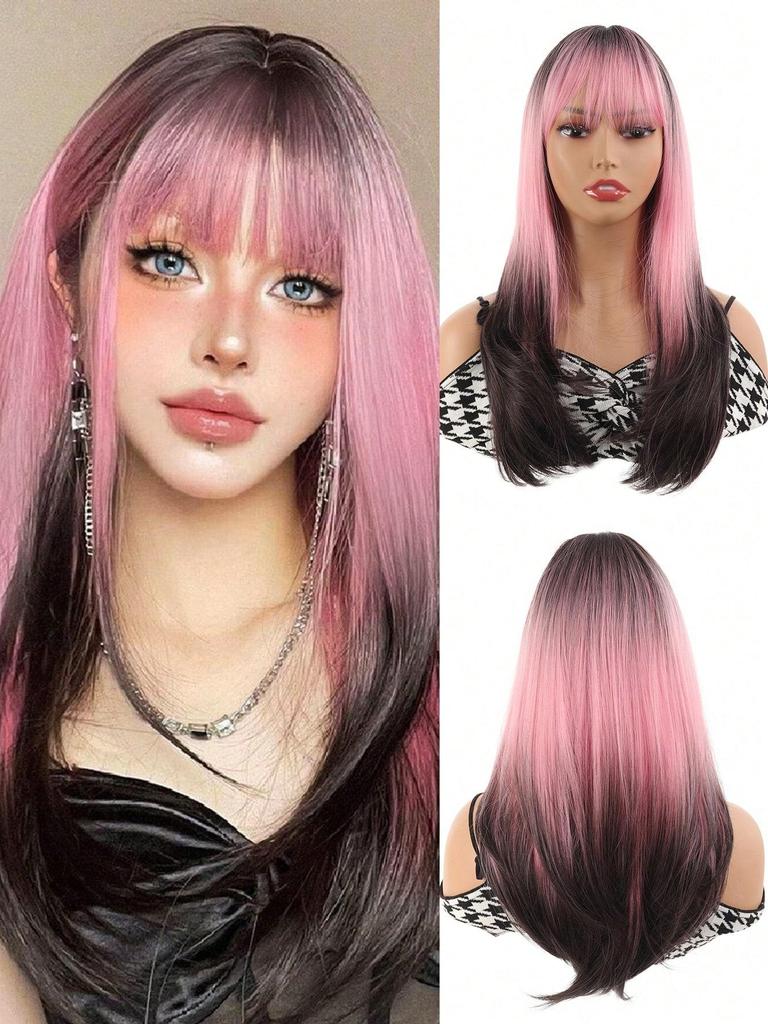 Длинные розовые черные парики с эффектом омбре для чернокожих женщин, розовые коричневые парики с густой челкой, парики для косплея, цветные парики, синтетические многослойные парики для повседневного использования