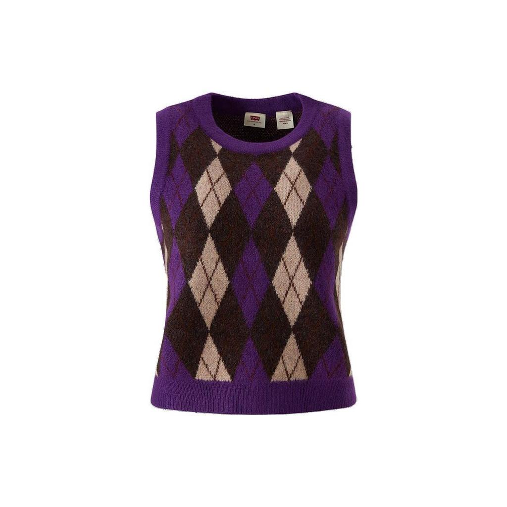 Levis Diamond Pattern Round Neck Sleeveless Knit Sweater Women Sweater Purple A4239-0000