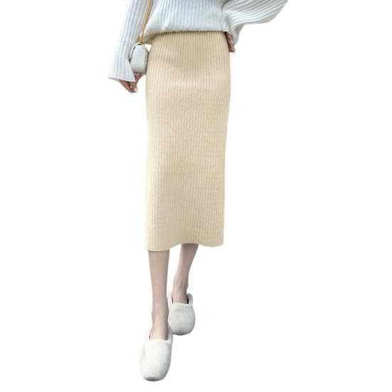 Women Knitting Skirt High Waist Back Slit Design Solid Color Midi Skirt Soft Breathable Thickened Warm Hip Wrapped Skirt