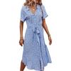 Women Summer Floral Midi Dress Short Sleeve Button Down Belted Dress Casual V Neck Shirt Dress with Slit Hem