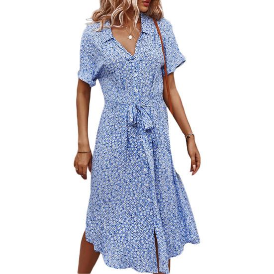 Women Summer Floral Midi Dress Short Sleeve Button Down Belted Dress Casual V Neck Shirt Dress with Slit Hem