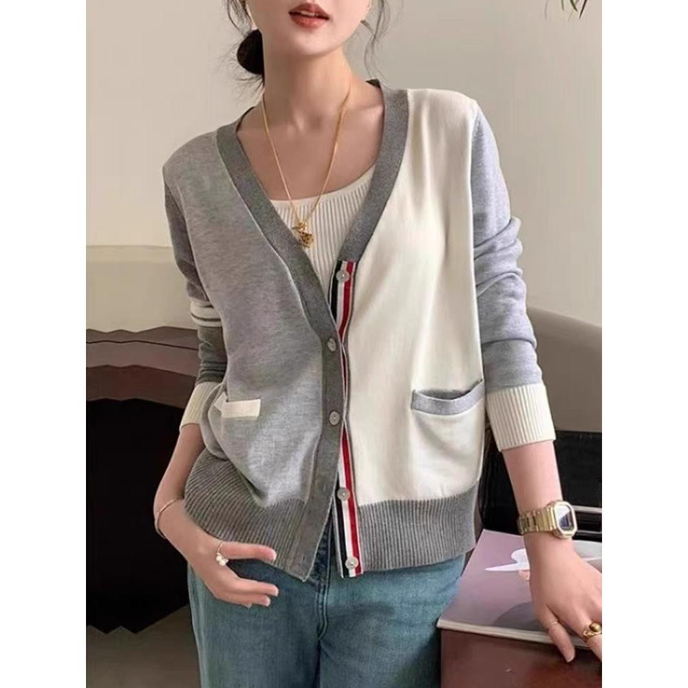 Chic Unique Cardigan Knitted Jacket Women's Spring and Autumn Striped Clash Pit Stripe Thin Loose Sweater