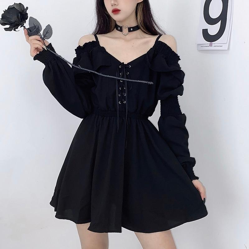 Women Dress Plus Size Lace Up Black Spring Autumn Sexy High Waist Femme Dresses Off Shoulder Long Sleeve Gothic Clothes