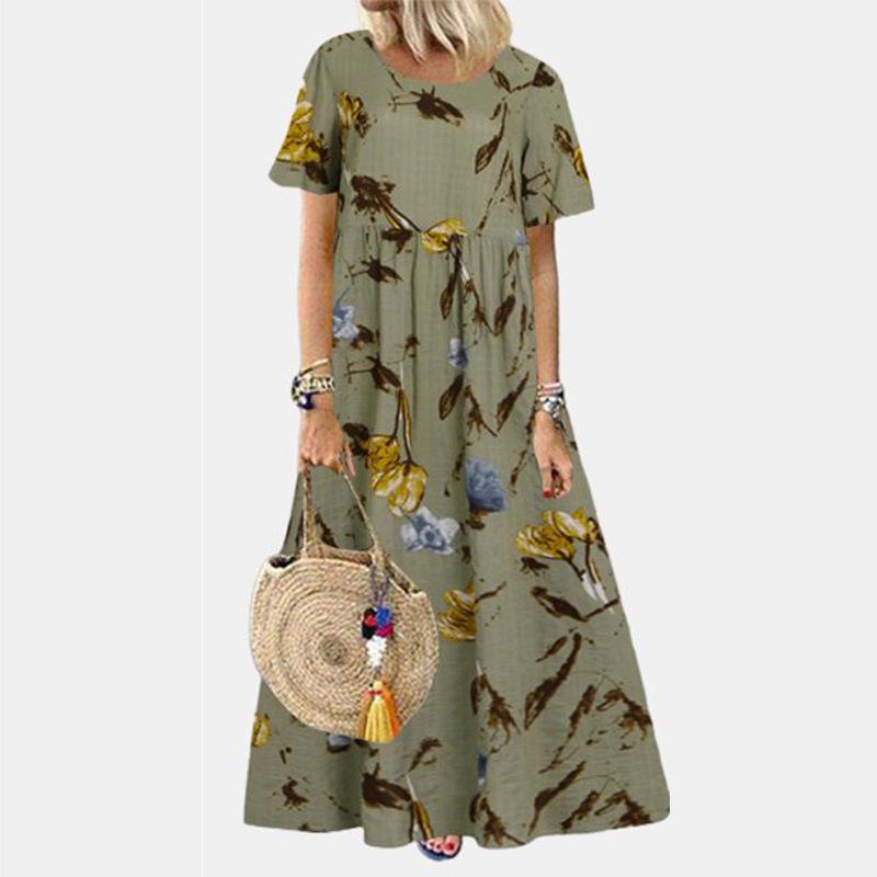 Women's Vintage Print Casual Summer Short Sleeve O-neck Thin Cotton Dresses