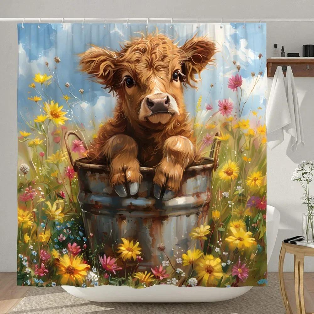 Смешная шторка для душа с хайлендской коровой, деревенская, с мультяшным животным, детская занавеска для ванной, полиэстеровая ткань, домашний декор для ванной