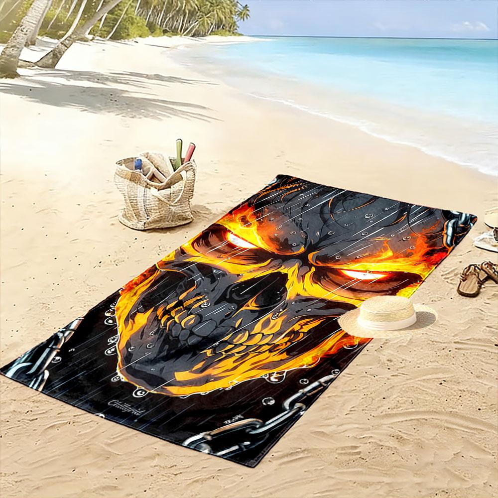 Flaming skull's fiery gaze Print beach towel, quick drying, suitable for travel, outdoor sports, jogging, the beach and swimming, gift