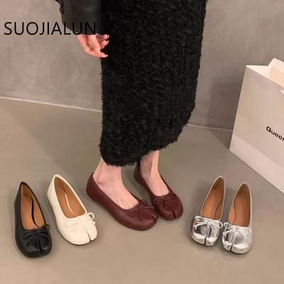 Модная женская осенняя обувь SUOJIALUN 2024 года, плоские туфли с раздельными пальцами, неглубокие слипоны, женские повседневные лоферы, мягкие плоские туфли для улицы, платье-боа