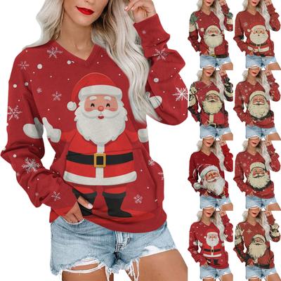 Женская рождественская толстовка с V-образным вырезом, длинный рукав, повседневный легкий пуловер