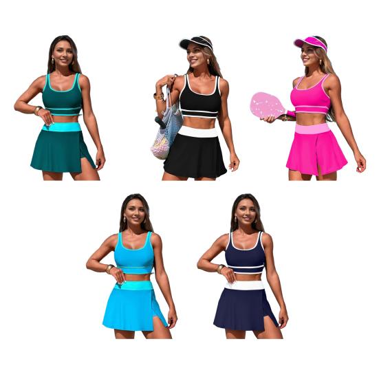 2Pcs/Set Women Tankini Set Low O-Neck Sleeve Tank Tops Tummy Control Side Split Skorts Set Patchwork Color Swimwear