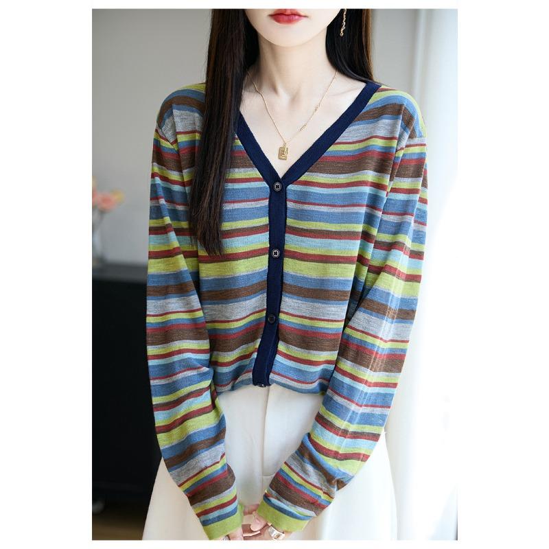 Women S Loose Fit V Neck Striped Long Sleeve Knit Cardigan