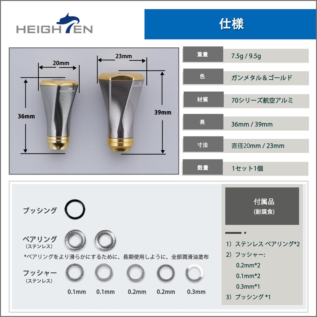 HEIGHTEN 20mm Reel Handle Knob for Shimano Daiwa Type Type Tornado Series (Shimano A) (Daiwa S) (Gunmetal & Gold) (710)