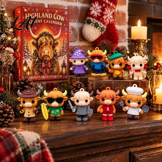 Unique Calf Keychain Pendant 3D Highland Cow Advent Calendar 2026 24 Days Collectible Figures Holiday Surprise Gift Box Christmas Countdown Calendar,