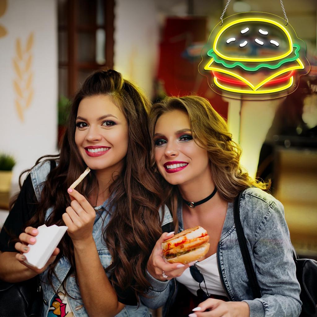 Неоновая вывеска для гамбургера Неоновая вывеска для гамбургера Неоновая вывеска для бургера Светодиодная неоновая вывеска с регулируемой яркостью Ресторанный декоративный светильник Подарок для любителя бургеров