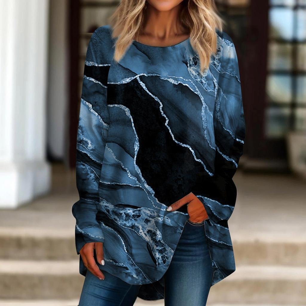 Женская повседневная футболка больших размеров с длинным рукавом и круглым вырезом в стиле ретро, ​​пуловер