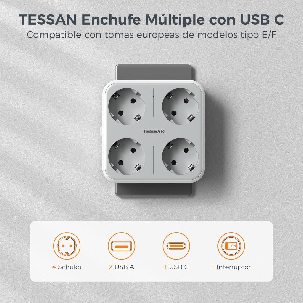 Tessan EU KR Plug Multi Outlets Power Strip with USB Ports Type C Wall Charger Electric Extension Socket Adapter for Home Office
