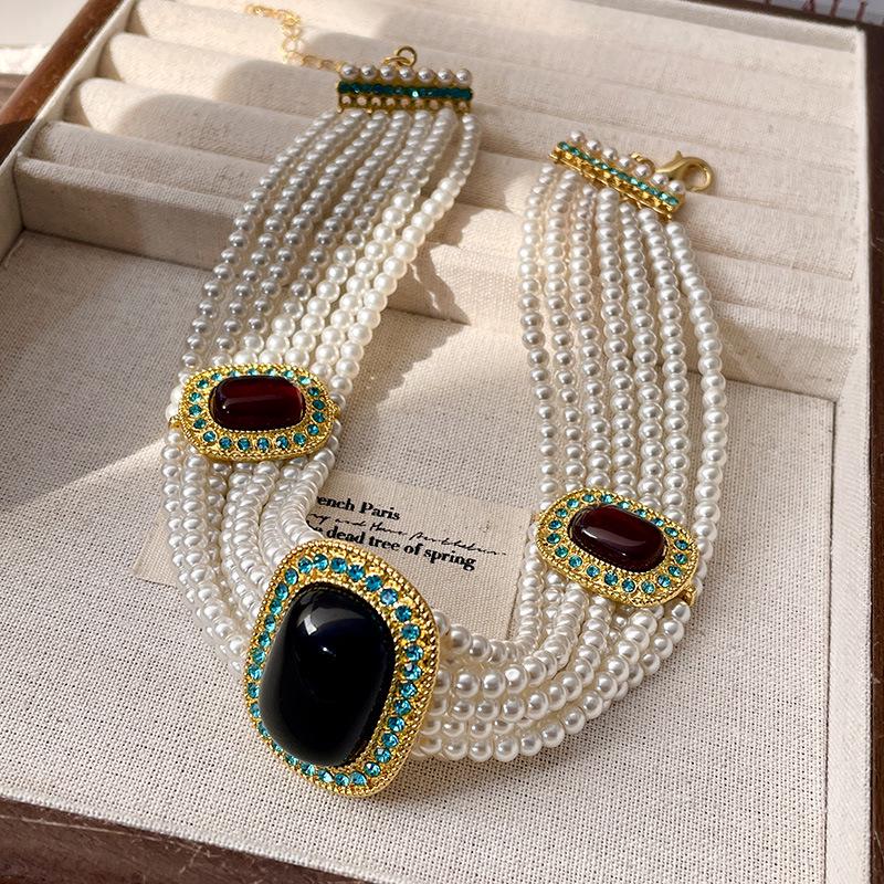 Vintage Western Gemstone Earrings and Pearl Multi-Layer Choker Necklace Set for Women - Elegant Retro Court Style