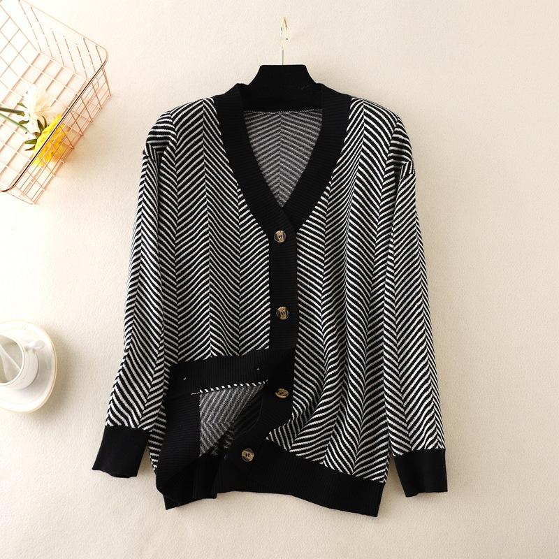 Autumn Women's Cardigan Sweater Women V-Neck Color Collision Loose Striped Sweater Jacket Long Sleeve Top