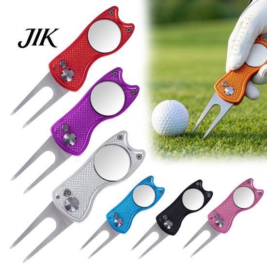 Golf Divot Repair Tool Metal Tool, Green Fork with Pop-up Button & Ball Lightweight Marker, Foldable Accessories for Men Women Compact