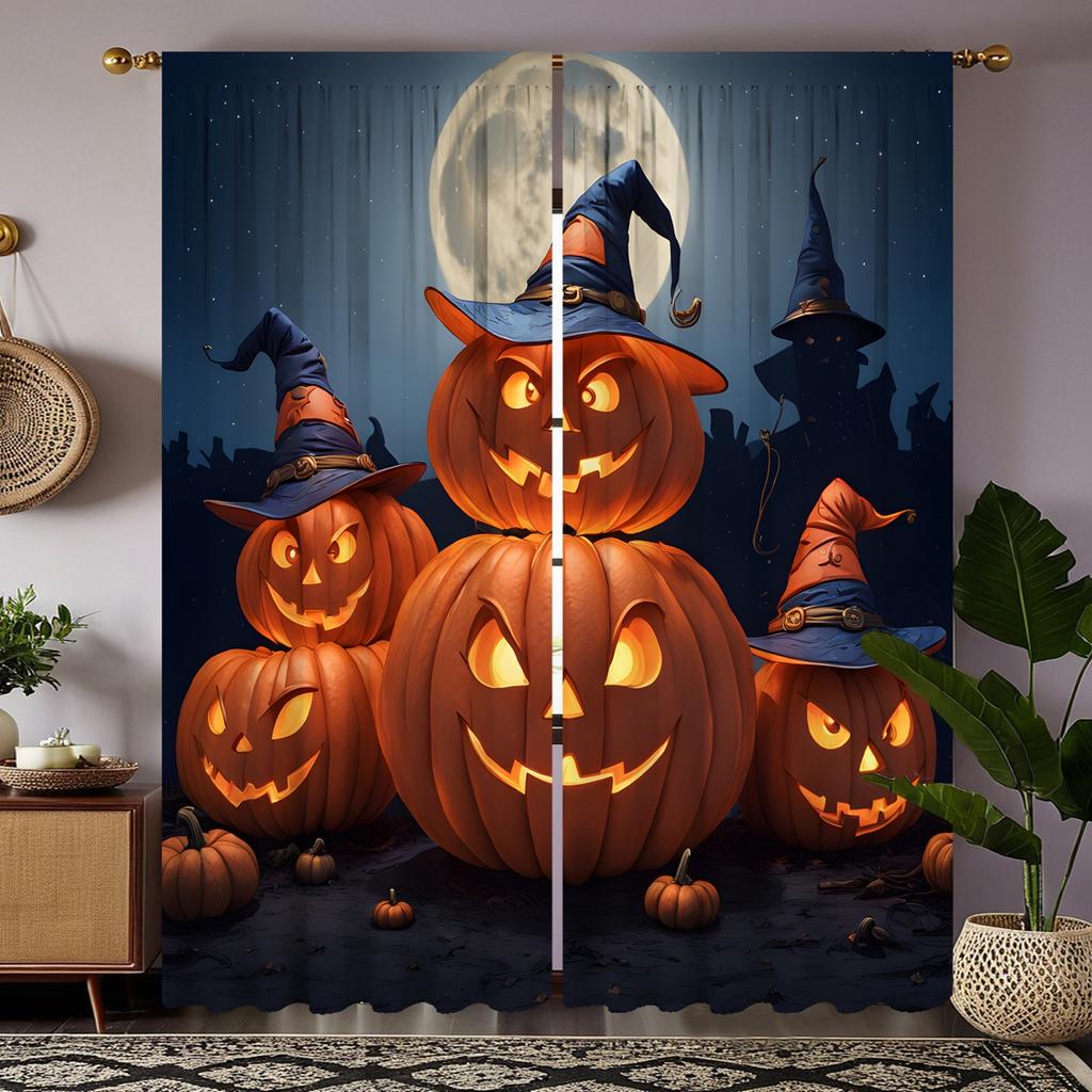 2pcs HD Moonlit Jack-o '-lantern Ghost Curtain Black Tie Digital Printed Curtain Home Decoration Style Decoration Living Room