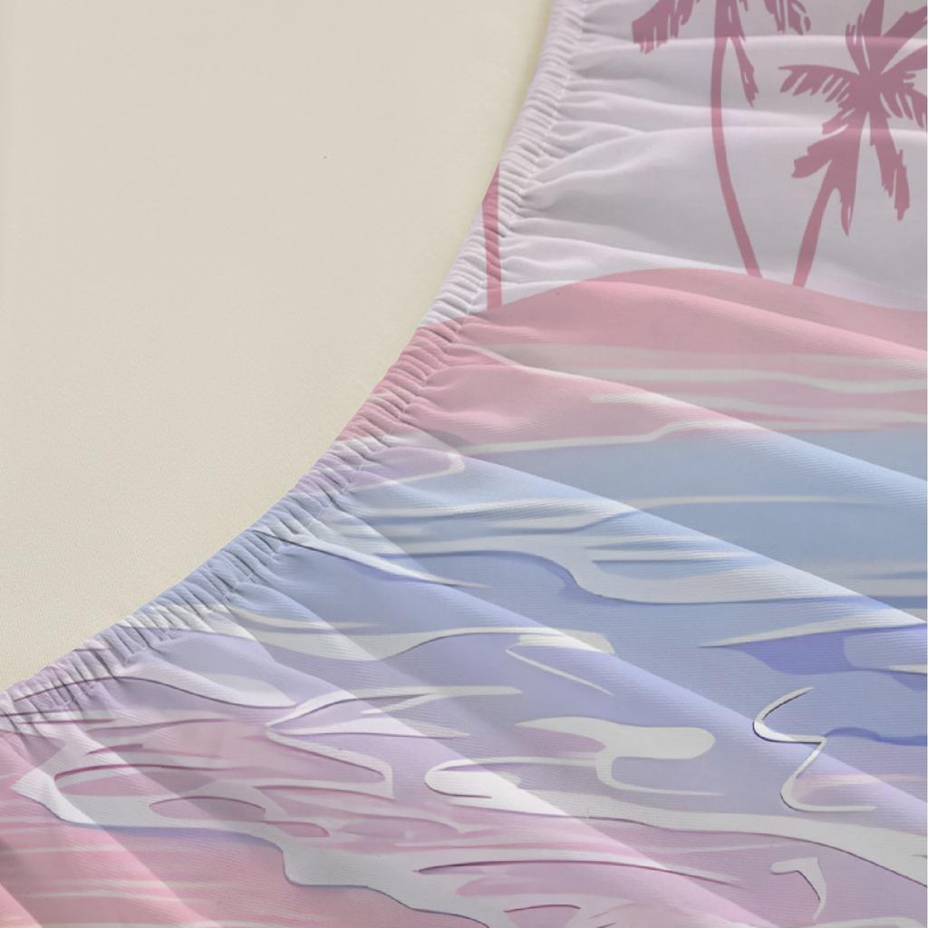 Pink Fitted Sheet Set Landscape Seaside Coconut Tree 3D Print 100% Polyester Mattress Covers Soft Bedding Set With 2 Pillowcases