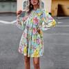 Women's O Neck Long Sleeve Loose All Match Casual Printed Floral Short Dress