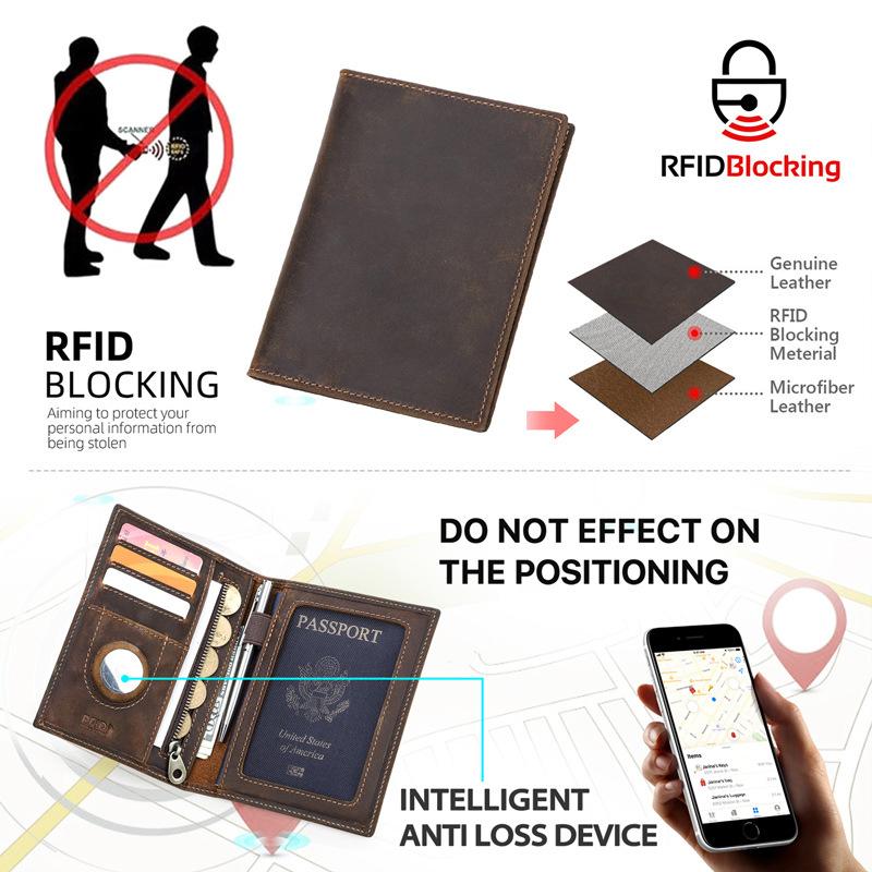 New Black Vintage Crazy Horse Leather RFID Blocking Passport Wallet With AirTag Slot, Family Couple Travel Document ID Holder