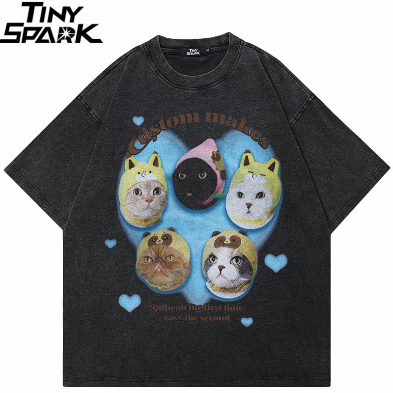 Hip Hop Streetwear Men TShirt Oversized Funny Graphic Baby Cats T Shirt Washed Black Tshirt Cotton Unisex Tops Tees