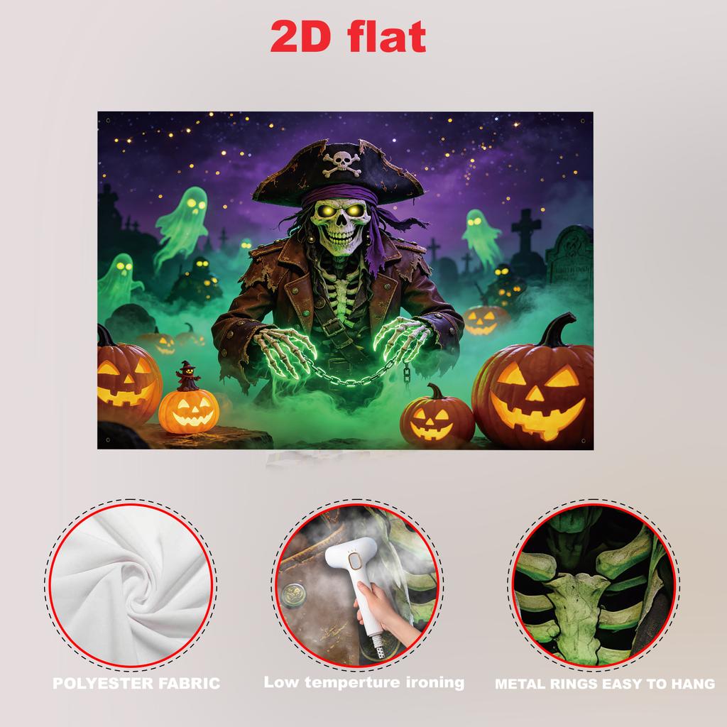 1 2D flat banner dark fantasy oil painting style Halloween decoration background cloth skull pirate ghost pattern design
