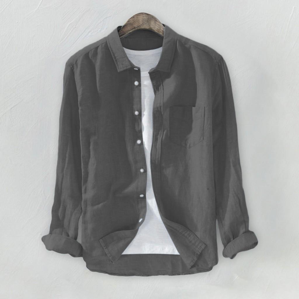 Мужская рубашка свободного кроя с длинными рукавами, однотонная, с лацканами, на пуговицах, весна-осень больших размеров