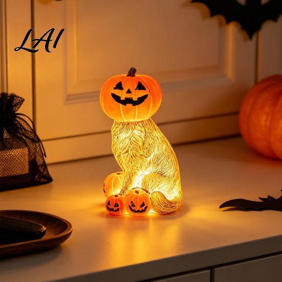 Whimsical Cat Halloween Statue Lighted Pumpkin Figurine Spooky Tabletop Resin Sculpture Indoor Window Display Accessory Autumn Fall Ornament