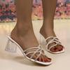 Thick Heel Cool Slippers Foreign Trade European and American Middle Heel Fashion Shoes Square Head Rhinestone Women's Shoes Transparent High Heel Slip