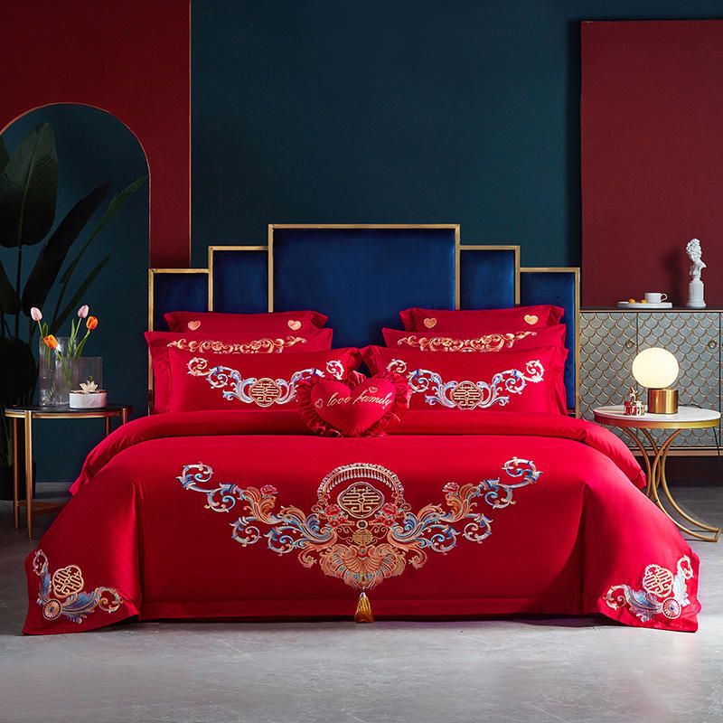 Комплект из четырех предметов с свадебной вышивкой, красное свадебное одеяло, постельное белье, свадебное пододеяльник, простыни, постельное белье для молодоженов, комплект из шести предметов для свадебной кровати