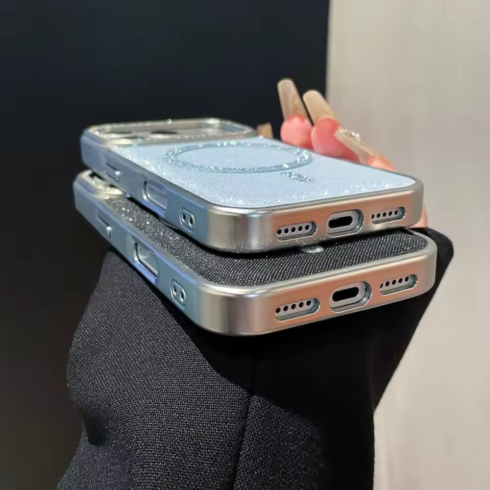 Роскошный блестящий чехол с магнитным глиттером и бриллиантами для iPhone 17 Air 16 15 14 13 12 11 Pro Max Plus для Magsafe, бампер с гальваническим покрытием