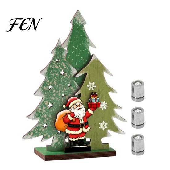 Holiday Table Decoration Wooden Christmas Tree Decor with LED Light, Rustic Standing Sign Tabletop Reindeer Santa Claus for Tiered Tray, Home