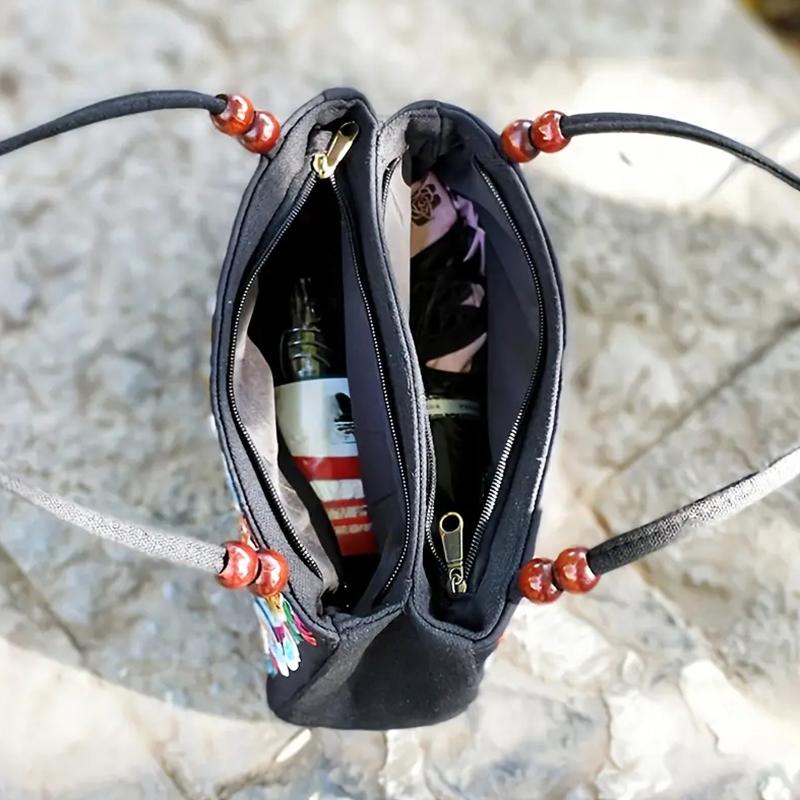 Yogodlns Двусторонняя двухслойная сумка с вышивкой в этническом стиле, холщовая сумка, женская сумка среднего и пожилого возраста с вышивкой