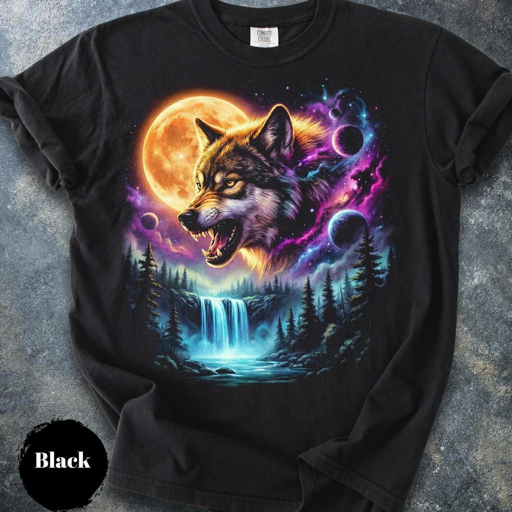 Vintage Cosmic Wolf Tee, Retro Galaxy Airbrush Shirt, Grunge Streetwear