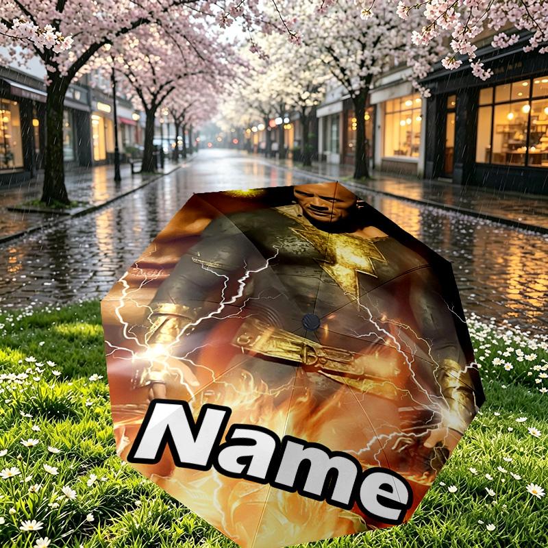 Custom Name Personalized Black Adam Print Umbrella, Auto Open Close, 8‑Rib Sturdy Frame, Commute Camping Hiking Use, Birthday Gift