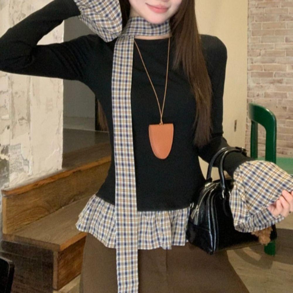 Майки Футболка с имитацией двойки Клетчатая с оборками Приталенный топ Мягкий топ с длинным рукавом Женский