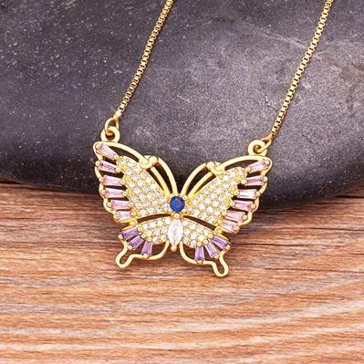 Nidin Top Quality Copper Zircon 12 Styles Charms Butterfly Pendant Chain Necklace for Women Gold Plated Vintage Boho Jewelry