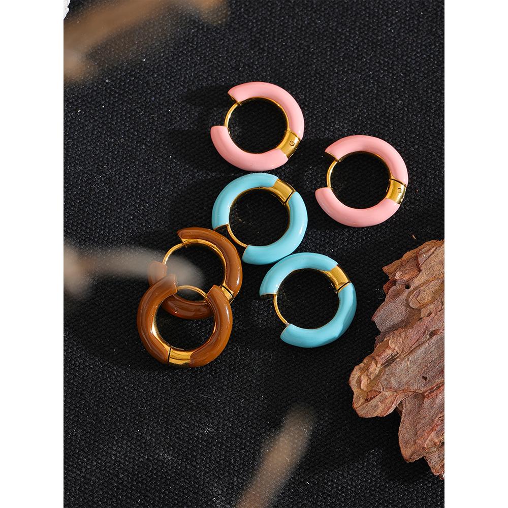 Eetit 20mm Candy Color Blue Pink Brown Enamel Stainless Steel Hollow Hoop Earrings Golden Simple Trendy Y2K Sweet Jewelry Gift