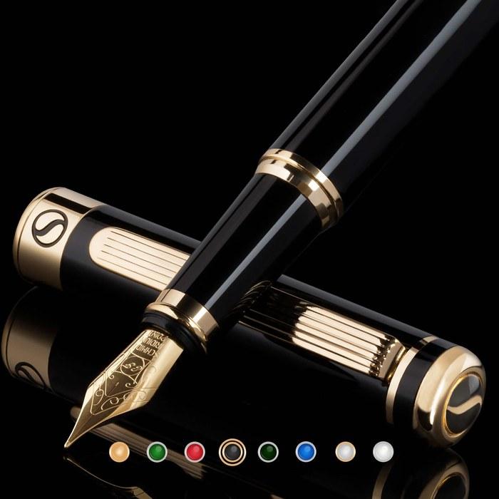 Scriveiner Premium Fountain Pen (Black). Features a genuine gold-plated and Schmidt-plated nib (extra fine). Refined fountain pen gift set,