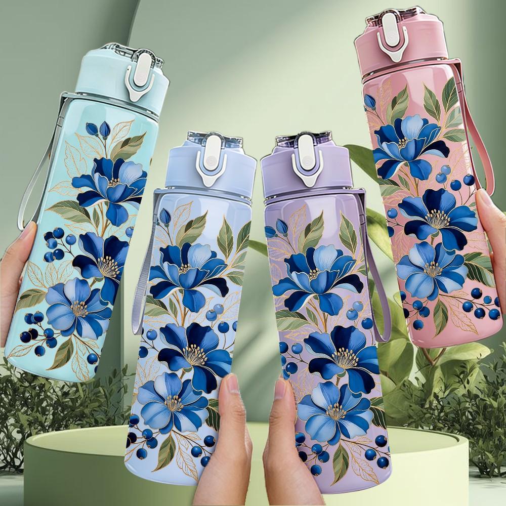 1PC Blue Floral Watercolor Vintage Pattern 750ml Color Plastic Sports Water Bottle Leakproof Flip Straw Lid Suitable for Sports Office Home Use