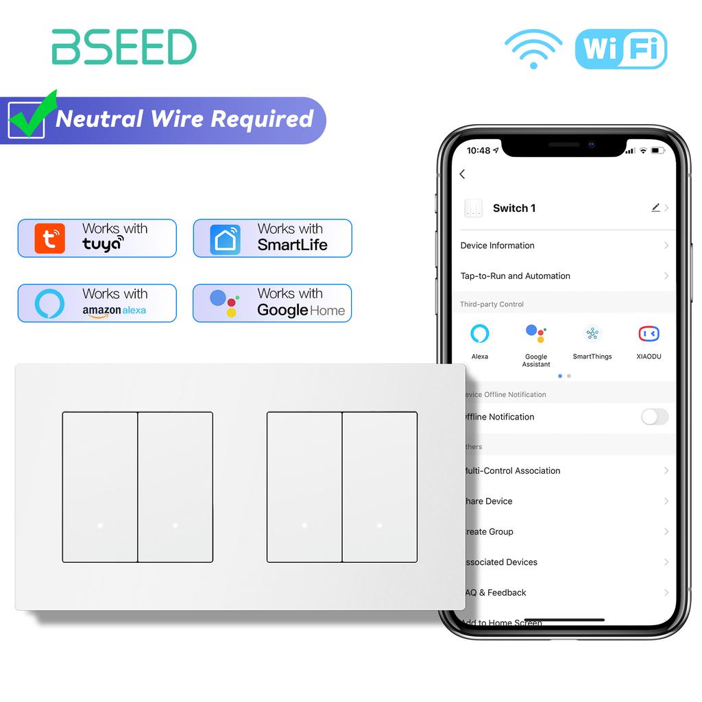 BSEED WIFI Click Switches Wall Smart Click Light Plastic Switches Yellow Backlight Plastic Frame EU Standard Tuya APP Switch