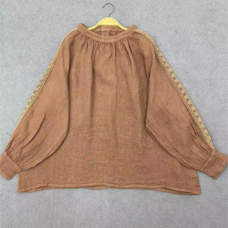 Johnature Японский винтажный круглый вырез лоскутное кружево свитер рубашка женская осень свободные винтажные повседневные рубашки