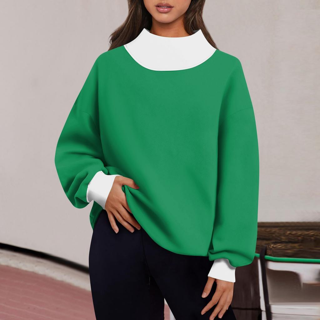 Женская мода с длинным рукавом и цветными блоками, свободная водолазка с разрезом и половиной водолазки, топ