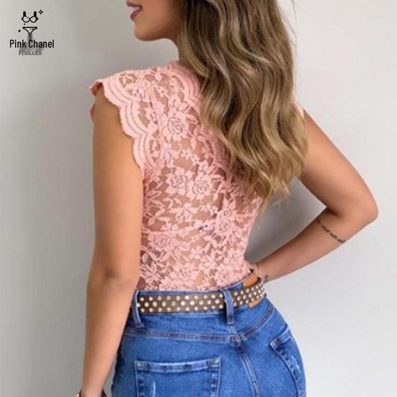 Кружевная футболка с V-образным вырезом и прозрачными вставками - Сексуальный топ (B3067)